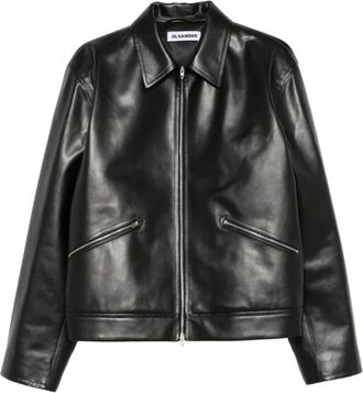 Jil Sander Jassen, Heren, Zwart, L, Leer, Leren jas met rits