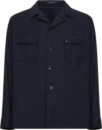Tagliatore Button Logo Wool Shirt - Heren - Zomerjassen - Blauw - L - Wol - Jassen