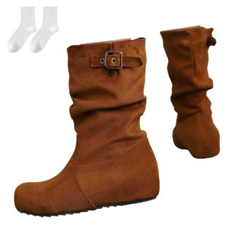 Generic Womens Slouch Boots with Wedge Heel, Fashionable Suede-Look Mid-Calf Boots with Buckle Detail And Non-Slip Sole, Comfortable Ankle Boots for Autumn An