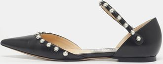 Jimmy Choo London Black Leather Pearl Embellish Leema Ankle Strap Flats