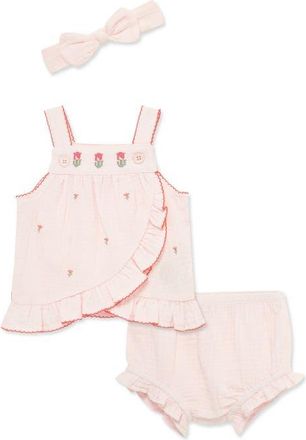 Little Me Tulip Embroidery Shirt, Shorts & Headband Set in Pink at Nordstrom, Size 12M