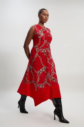 Karen Millen Womens Plus Size Chain Print Crepe Hanky Hem Midi Dress - Red - Size 3XL