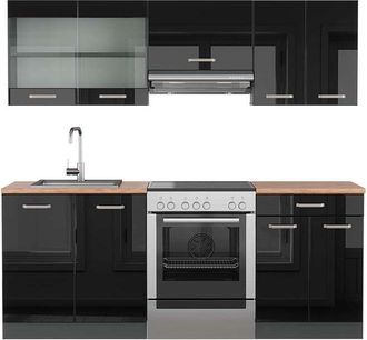 Vicco Mueble De Cocina R-line, Negro/antracita De Alto Brillo, 200 Cm, Et Roble