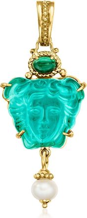 Ross-Simons Italian Tagliamonte Green Venetian Glass, Malachite and 7.5-8mm Cultured Pearl Medusa Pendant in 18kt Gold Over Sterling