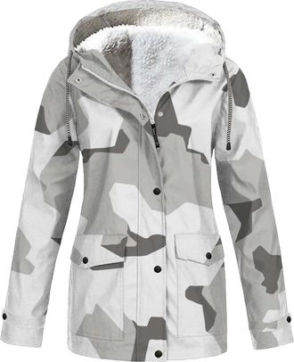 Generic Women Rain Jacket With Fleece Lining Camouflage Raincoat Women Winter Warm Overcoat Outdoor Windproof Windbreaker Sherpa Lined Hoodies Hiking Camping 