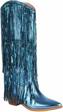Generic Womens Block Heel Western Cowboy Boot Pointed Toe Long Boots with Tassel PU Leather Knee High Boots,Blue,8.5 UK