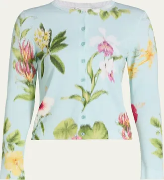 Oscar De La Renta Dominican Floral-Print Crewneck Cardigan