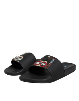 Dolce & Gabbana Embroidered Face Leather Slide - Black