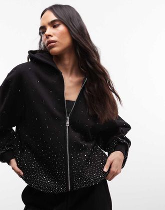Cernucci Felpa con cappuccio oversize nera con zip e strass in coordinato-Nero