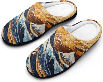 Generic Japanese Sea Sun Waves Mens Slippers Slip On Comfortable Fleece Cotton House Shoes Winter