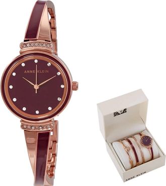 Anne Klein Quartz Crystal Burgundy Dial Ladies Watch and Bracelet Set 2716RBST