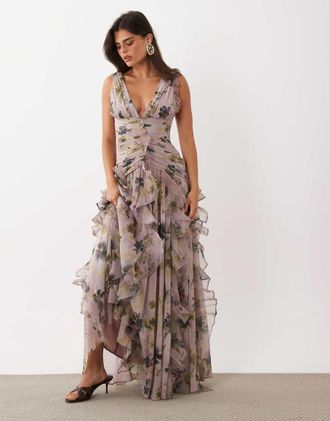 Asos vestito maxi arricciato con dettaglio a cascata a fiori-Multicolore