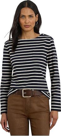 Lauren Ralph Lauren Striped Jersey Snap-Trim Boatneck Top Womens Clothing Lauren Navy/Mascarpone Cream : MD, Cotton