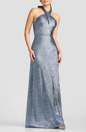 Dress The Population Brighton Metallic Halter Gown in Blue at Nordstrom, Size Xx-Large