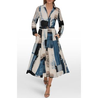 DKNY Print Pleated Long Sleeve Midi Dress in Wshd Indigo/Cream at Nordstrom, Size 14