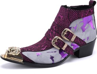 Generic Mens Dress Chelsea Boots Casual Party Western Boot Metal Tip Toe Genuine Leather Zipper Buckle Two Tone Ankle Boots Fashion Disco Singer Ballroom Wedd