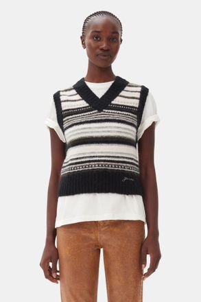 Ganni Stripe Vest in Black Size Medium Alpaca/Elastane/Merino Wool Womens