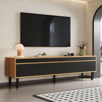Matteo Modern Black & Natural Wood Effect TV Unit with Push-Open Doors