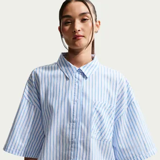 Nike Womens Nike Sportswear Chill Poplin Oversized Striped Top in Blue | II4228-435