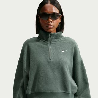 Nike Womens Studio Fleece Plush Oversized 1/4-Zip Cropped Top in Green | IM8365-303