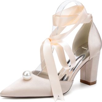 Generic Womens Pointed Toe Block Heel Pearl Wedding Shoes Bridal Chunky Heeled Prom Party Dress Shoes Pumps 8.5Cm,Champagne,10 UK