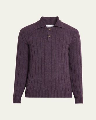 Brunello Cucinelli Mens Cashmere Rib-Knit Polo Sweater