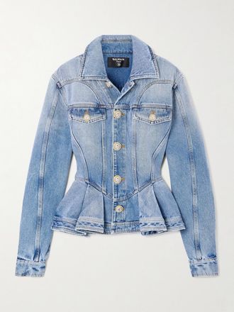 Balmain Giacca In Denim Con Baschina E Ruche - Blu