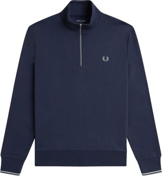 Fred Perry Half Zip Crew Sweat - Heren - Vesten met rits - Blauw - L - Katoen - Hoodies & sweatvesten