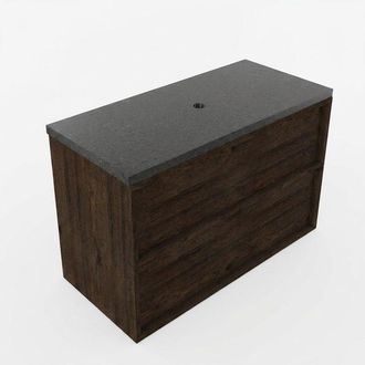 Saniclass Holz Frame Badkamermeubelset - 100x45x63cm - Noche basalten wastafelblad gepolijst (zwart) - zonder kraangat - 2 lades - mat eiken charcoal (hout)