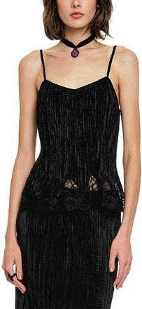Anna Sui Plisse Lace Trimmed Camisole in Black at Nordstrom, Size Medium