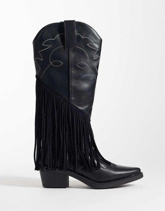 Glamorous Stivali western al ginocchio con frange neri-Nero