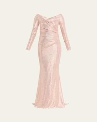 Talbot Runhof Metallic Draped Off-The-Shoulder Long-Sleeve Gown