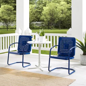 Crosley Furniture Bates 3Pc Outdoor Metal Bistro Set Navy Gloss/White Satin - Bistro Table & 2 Armchairs