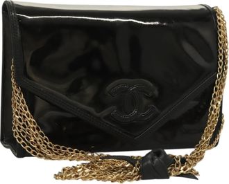 Chanel Vintage Envelope Flap Messenger Bag Patent Leather Black Patent_Leather Bag (Pre-Owned)