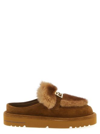 Fendi Suede And Fur Sabots Flat Shoes Multicolor-Donna