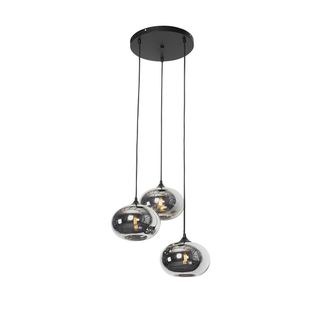 QAZQA Art D&eacute;co L&aacute;mpara Colgante Inteligente Negra Con Cristal Ahumado Incl. 3 Wifi P45 - Busa Vidrio /acero Redonda Adecuado Para Led Max. 3 X 4.5 Watt - Qa