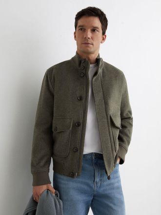Reiss Green Wool-blend Funnel-neck Bomber Jacket, Xxl