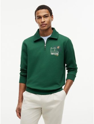 Tommy Hilfiger Mens Floral Logo Quarter-Zip Polo Sweatshirt - Green - XL