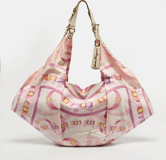 Ferragamo Pleated Bow Print Pink Leather And Nylon Hobo