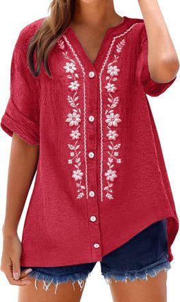 Generic Summer Tops for Women UK Linen Tops for Women UK Embroidered Floral V Neck Button Up Blouse Short Sleeve Cotton Linen Summer Shirt Fashion Breathable 