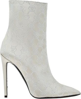 Philipp Plein Satijnen Laarzen Hoge Hakken Midden Monogram Strass - Dames - Laarzen met Hak - Beige - 36 EU - Satijn - Schoenen