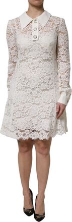 Dolce & Gabbana White Floral Lace Viscose Collared Mini Womens Dress