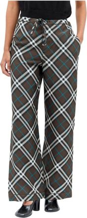 Burberry Zijden Broek met Check en Trekkoord - Dames - Wijde Broeken - Bruin - 2XS - Broeken