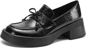 Generic Womens Platform Chunky Heel Loafers Bow Detail Glossy Faux Leather Round Toe Slip-On Low Top Shoes Lightweight Comfortable Durable Anti Slip,Black,3.5