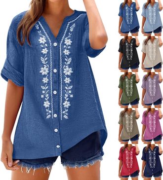Generic Floaty Tops for Women UK Linen Tops for Women UK Embroidered Floral V Neck Button Up Blouse Short Sleeve Cotton Linen Summer Shirt Fashion Breathable 
