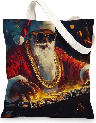 Generic Music Christmas Santa Claus Canvas Tote Bag for Shopping 13x15, Fun Cool Xmas DJ Musical Reusable Grocery Print Bag for Women Men, Holiday New Year Ae