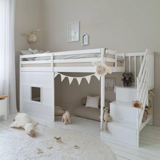 N&ouml;a & Nani Kasja Staircase Midsleeper Cabin Bed with Window in White | Size: Single