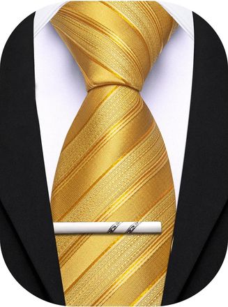 Barry.Wang Silk Men Ties Formal Stripes Necktie and Tie Clip for Wedding Party Business Fashion Classic, Gold, One Size