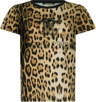 Roberto Cavalli Tops, Dames, Bruin, S, Katoen, T-shirt met luipaardprint