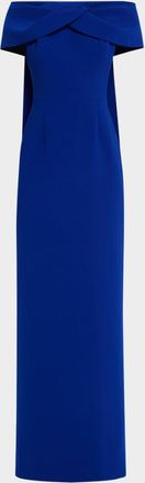 Teri Jon Draped Off-Shoulder Crepe Gown